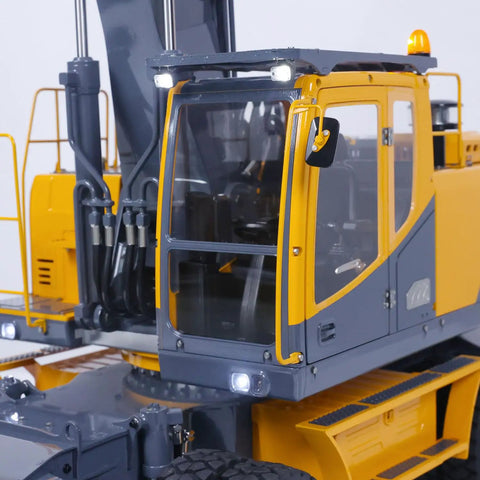 1 14 RC Model Metal Hydraulic Aoue ET30H Wheeled Excavator With Full Metal Frame High Torque Motor ESC Servo LED Light Kit Realistic Working Pistons Durable Construction For Serious RC Nerds And Builders close-up cab and lights