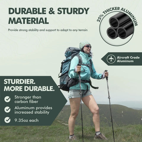 Woman hiking with Ultra Lightweight Retractable Trekking Poles With 7075 Aluminum, Collapsible Hiking Poles With Flip Lock.