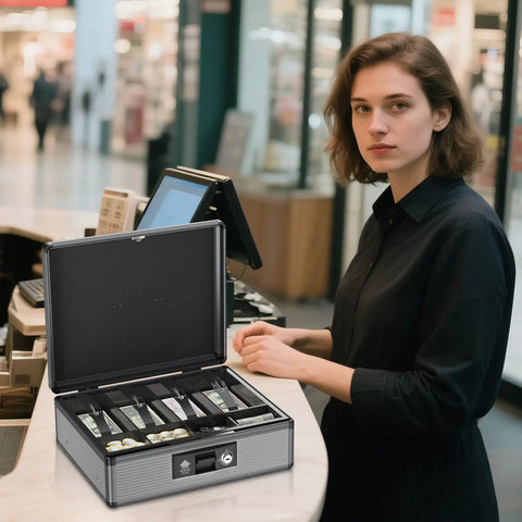 Woman using Locking Cash Box With Money Tray And Key For Grab And Go Security Portable Cash Safe Box For Cash And Coins