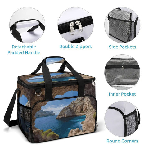 Insulated Picnic Backpack Tote Bag 30L Large Capacity Cooler Bag With Leakproof Waterproof Design shown with zippers and pockets