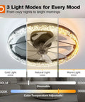 Versatile 20 Inch Low Profile Ceiling Fan With Smooth Dimmable Light And No Sweat Smart Remote Control showing 3 light modes and airflow design.