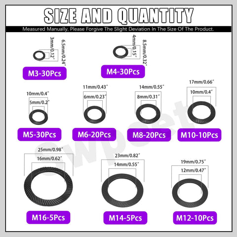 Tough As Nails Black Metric Tooth Lock Washer Assortment Kit featuring sizes M3 to M16 with quantity details and dimensions.
