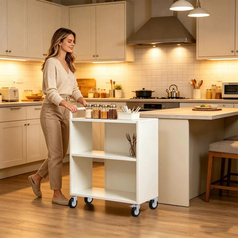 Woman using 4 Piece Caster Wheels Set For Furniture And Work Benches With 360 Swivel And Foot Brake Locks in kitchen setting