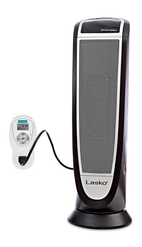 Image of Heavy Duty Programmable Outlet Thermostat For Space Heaters And Window Air Conditioners 120V 15A next to a space heater.