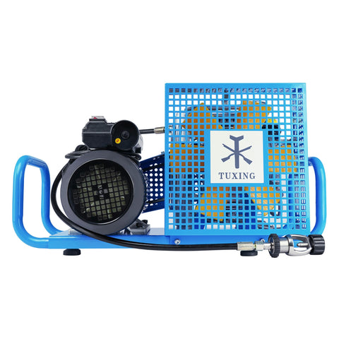 Beefy 4500 PSI PCP Air Compressor For Scuba Tanks And Paintball Gear, 300 Bar High Pressure, side view of 4-cylinder unit