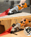 Extbtfor power circular saw with laser guide, orange housing, corded, cutting wood; includes three 4-1/2-inch blades