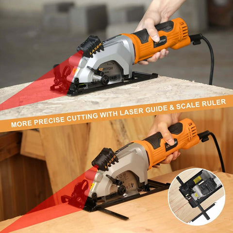 Extbtfor power circular saw with laser guide, orange housing, corded, cutting wood; includes three 4-1/2-inch blades