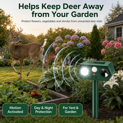 Solar Ultrasonic Deer Repellent Device 4 Pack With Motion Sensor And Flash Light No Go Zone Yard Guard For Flower Beds Vegetables And Gardens Deterrent For Deer Squirrels Raccoons And Rabbits With Multi Frequency 13 to 45KHz in garden