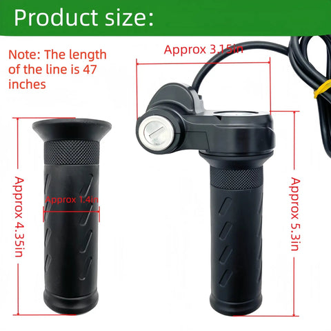 Full Twist Throttle Grip With 2 Keys for Ridstar Q20 Q20Lite Q20Pro H20 H26Pro Electric Bikes, showing size and black design