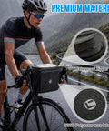 Cyclist using Bike Handlebar Insulated Cooler Bag With Front Phone Pouch And TPU Touch Screen; waterproof zipper close-up.