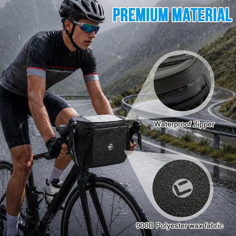 Cyclist using Bike Handlebar Insulated Cooler Bag With Front Phone Pouch And TPU Touch Screen; waterproof zipper close-up.