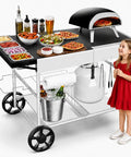 Pizza Oven Table With Topping Station For Outdoor Grills And Griddle Cart Prep Table with food, girl standing nearby