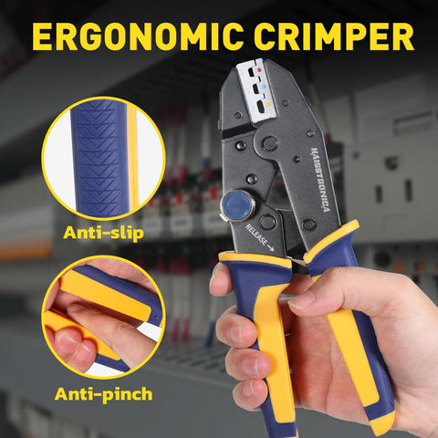 Ergonomic crimper from the 7 Piece Beefed-Up Pro Grade Quick Change Crimping Tool Set with anti-slip and anti-pinch grips.