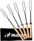 Long 32 Inch Smores Sticks Kit With Stainless Steel Skewers And Smooth Wooden Handles For Marshmallow Roasting, 5 Pack, in front of storage bag.