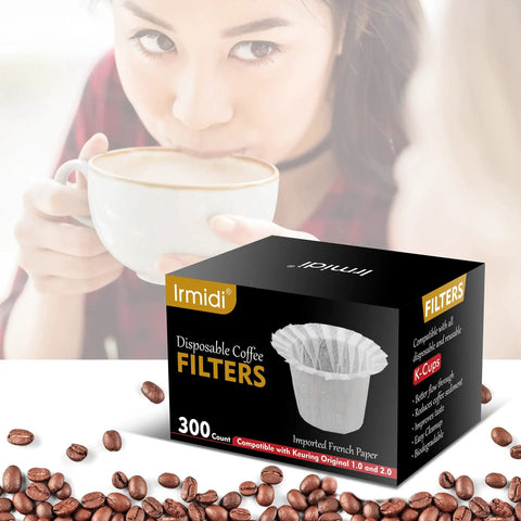 Woman drinking coffee beside a box of Irmidi Disposable Coffee Filters with coffee beans scattered around.