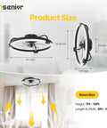 20 Inch Flush Mount Ceiling Fan With App Control And Led Lighting In Sleek Black shown with size dimensions for rooms and cooling efficiency.