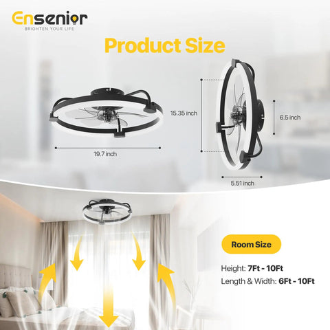 20 Inch Flush Mount Ceiling Fan With App Control And Led Lighting In Sleek Black shown with size dimensions for rooms and cooling efficiency.