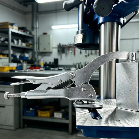 Bulletproof 9 Inch Drill Press Locking Clamp With Killer Jaw Tension For Hella Secure Workpiece Holding On Shop Benches Or Mobile Tool Cart Racks Two Pack clamped onto a work surface.