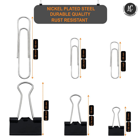 350 Pack Paper Clips And Binder Clips Set With Storage Container, assorted sizes shown with measurements and nickel plated steel