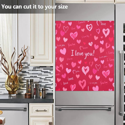 Valentine's Love Heart Magnetic Dishwasher Cover For Front Refrigerator Door in kitchen, pink with heart and love design