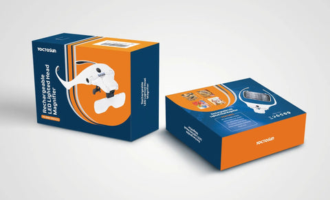 Packaging of Rechargeable LED Headband Magnifier With Four Bright Lights And Five Detachable Lenses From 1X To 3.5X For Crafts