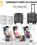 Graphic showing underseat carry on luggage with wheels for easy boarding TSA approved hard shell personal item in airplane cabin.
