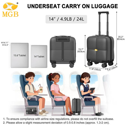 Graphic showing underseat carry on luggage with wheels for easy boarding TSA approved hard shell personal item in airplane cabin.