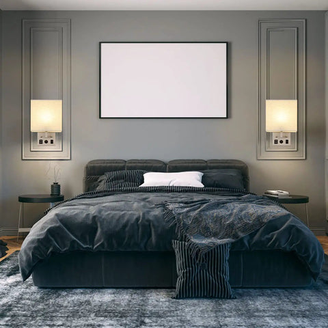 Set Of 2 Wall Sconces With USB Ports For Bedside Or Bedroom And Living Room Modern Silver Wall Lamps Easy Install With Long Cord Includes 2 E26 Bulbs Can Be Plug In Or Wall Mounted Sleek And Practical, mounted beside a bed in a modern bedroom.