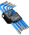 Nine Piece Pro Grade Torx Star Wrench Key Set T10 To T50 with visible coding and non slip coating in blue holder