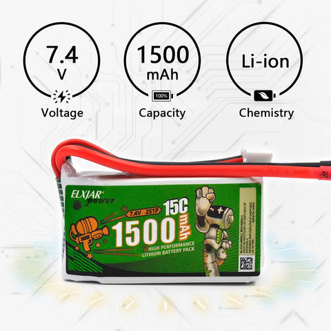 2 Pack 7.4V 1500mAh Li Ion Battery High Rate For 1 10th 1 12th And 1 16th RC Off Road Cars A959 B A969 B A979 B K929 B 144001 12401