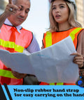 Two builders in safety gear holding plans with 20 Pack Easy Read Measuring Tapes 12 Ft Retractable With Pause Button visible