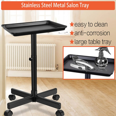Height Adjustable Rolling Salon Tray on Wheels with Multi Level Height Range from 28 to 44 Inches in black, sturdy metal frame.