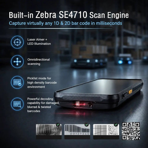 Boss Grade Android 16 handheld barcode scanner showing built-in Zebra SE4710 scan engine features for enterprise use
