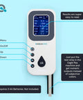 Digital Pool Water Tester Kit With 30 Strips And Digital Reader displaying pool chemical parameters on a screen.
