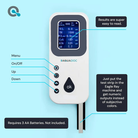Digital Pool Water Tester Kit With 30 Strips And Digital Reader displaying pool chemical parameters on a screen.