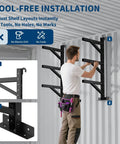 Heavy Duty Container Hanging Shelves 2 Pack No Drill Vertical Storage Racks For Building Materials And Workshop Tools Reinforced Steel Rack System being installed without tools.