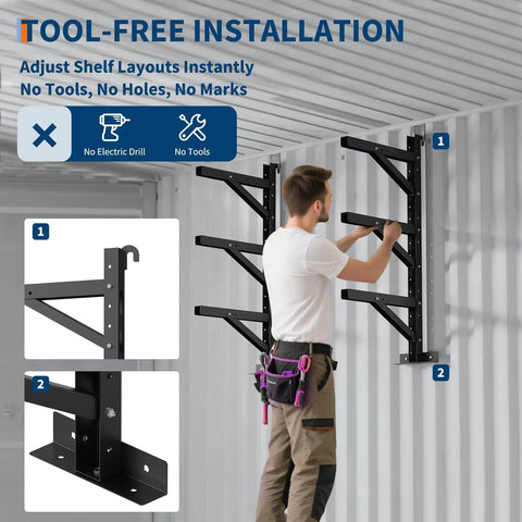 Heavy Duty Container Hanging Shelves 2 Pack No Drill Vertical Storage Racks For Building Materials And Workshop Tools Reinforced Steel Rack System being installed without tools.