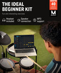 Person practicing on DED-80 Electronic Drum Set With 4 Quiet Mesh Pads, 180 Plus Sounds, visible laptop for lessons.