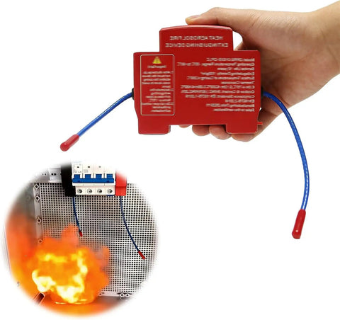 5 Pack Automatic Fire Extinguisher Guide Rail Mount Thermal Sensor Heat Activated Aerosol Suppression System 20g device in hand near fire.