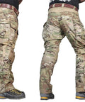Built Tough Multicam Combat Pants With Padded Knees And Ten Spacious Tactical Pockets visible from side and back view, showcasing pockets.