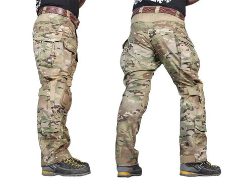 Built Tough Multicam Combat Pants With Padded Knees And Ten Spacious Tactical Pockets visible from side and back view, showcasing pockets.