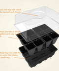 Exploded view of 3 Pack Seed Starting Tray Set With 36 Cell Germination Trays And Adjustable Humidity Vented Dome, black plastic.