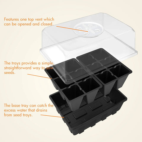 Exploded view of 10 Pack Seed Starting Tray Kit With 120 Cells And Adjustable Humidity Dome For Germination, black trays with clear dome.