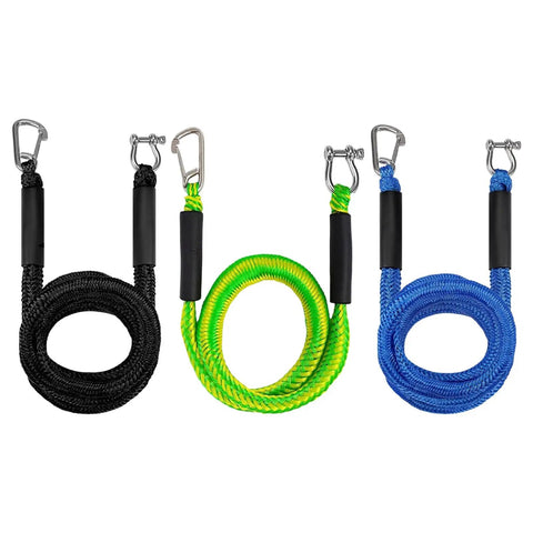 Elastic Bungee Dock Line For Boat Mooring 14 Ft Rope With 316 Stainless Steel Clips in black, green, and blue colors