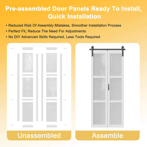 Experience effortless privacy and style with a paintable 36 by 84 inch bifold barn door featuring fingerprint resistant solid core MDF panels and 3 lite frosted glass for privacy, no assembly required for pantry and laundry areas.