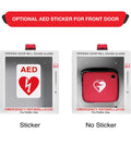 Legit AED Defibrillator Wall Mount Cabinet With Heavy Duty Steel Body And Snappy Alarm Lock For Darn Quick Public Or Home Emergency Grab In Sharp White Enclosure with optional sticker and device inside.