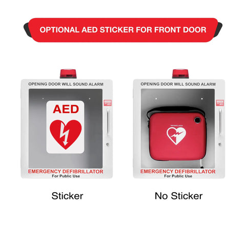 Legit AED Defibrillator Wall Mount Cabinet With Heavy Duty Steel Body And Snappy Alarm Lock For Darn Quick Public Or Home Emergency Grab In Sharp White Enclosure with optional sticker and device inside.