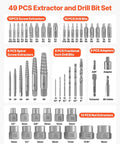 49 Piece All In One Bolt And Screw Extractor Kit With Drill Bits Easy Out Set displayed with components and sizes labeled.
