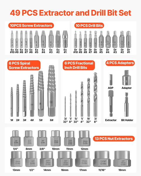 49 Piece All In One Bolt And Screw Extractor Kit With Drill Bits Easy Out Set displayed with components and sizes labeled.