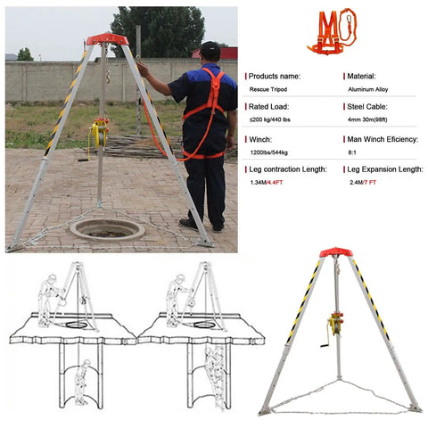 Darn Sturdy Portable Emergency Rescue Tripod With 30 Meter Winch And Legit Aluminum Frame For Deep Well Sewer And Tight Job Sites 440 Lbs Heavy Duty Adjustable Rope System with winch and adjustable legs.
